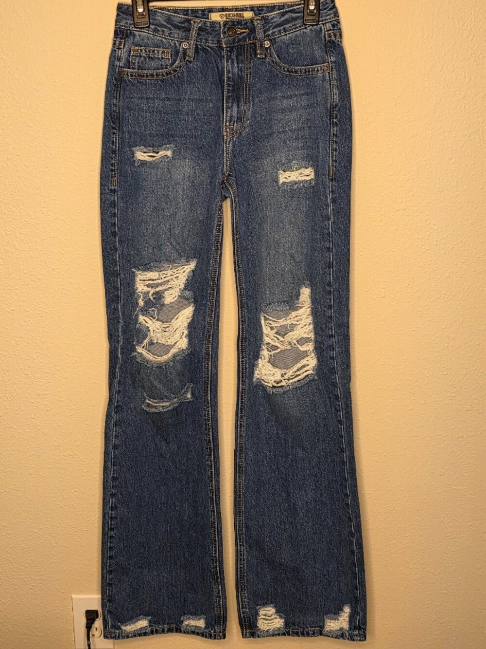 Rock & Roll Denim Distressed High Waisted Flare Jeans, Size 25" x 36"